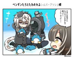 Rule 34 | 1girl, 2boys, :d, animal, animal on head, arknights, bad id, bad pixiv id, bird, black footwear, black jacket, black pants, blue eyes, boots, cellphone, closed mouth, commentary request, doctor (arknights), double v, earmuffs, fur-trimmed hood, fur-trimmed sleeves, fur trim, gloves, grey hair, hair between eyes, holding, holding phone, hood, hood up, hooded jacket, jacket, kneeling, leopard tail, magallan (arknights), mashiro miru, multicolored hair, multiple boys, on head, open mouth, pants, penguin, phone, silverash (arknights), sitting, smile, streaked hair, tail, tenzin (arknights), translation request, twitter username, two-tone hair, v, white gloves, white hair, yellow eyes