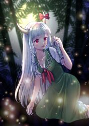 Rule 34 | 1girl, blush, bow, breasts, cleavage, collarbone, dress, ex-keine, feet out of frame, forest, full moon, green dress, highres, horn ornament, horn ribbon, horns, kamishirasawa keine, kyabekko, long hair, medium breasts, moon, multicolored hair, nature, night, red eyes, ribbon, short sleeves, touhou, two-tone hair, white hair