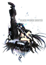 Rule 34 | 10s, 1girl, arm cannon, bad id, bad pixiv id, black hair, black rock shooter, black rock shooter (character), blue eyes, boots, chain, gloves, glowing, glowing eyes, highres, jacket, long hair, midriff, navel, pen (steelleets), shorts, sitting, solo, sword, twintails, uneven twintails, very long hair, weapon