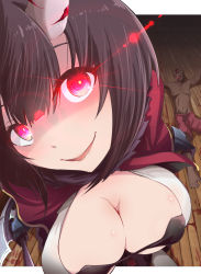 Rule 34 | 1boy, 1girl, axe, breasts, brown hair, cleavage, commentary, crazy smile, dark-skinned male, dark skin, eriko (princess connect!), fujitaka nasu, glowing, glowing eyes, handprint, highres, horns, large breasts, looking at viewer, outside border, princess connect!, red eyes, shaded face, short hair, smile, smirk, tongue, tongue out, wooden floor