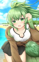 Rule 34 | 1girl, adjusting hair, beach, black skirt, blue sky, breasts, brown robe, cleavage, collarbone, dot nose, duel monster, green hair, green jacket, green ribbon, highres, jacket, large breasts, lens flare, open clothes, open mouth, open robe, ponytail, ribbed jacket, ribbon, robe, shirt, shore, signature, skirt, sky, solo, white shirt, wochagashin, wynn (yu-gi-oh!), wynn the wind charmer, yu-gi-oh!