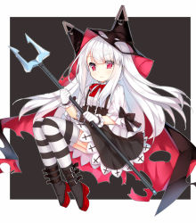 Rule 34 | azur lane, boots, cape, erebus (azur lane), hat, long hair, looking at viewer, platform boots, platform footwear, polearm, red eyes, silver hair, skirt, solo, striped clothes, striped thighhighs, suspender skirt, suspenders, tengxiang lingnai, thighhighs, trident, weapon