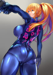 Rule 34 | 1girl, arm at side, ass, blonde hair, blue bodysuit, blue eyes, bodysuit, breasts, commentary request, from behind, gradient background, grey background, hair between eyes, large breasts, long hair, looking at viewer, metroid, mole, mole under mouth, negresco, nintendo, outstretched arm, ponytail, samus aran, solo, zero suit