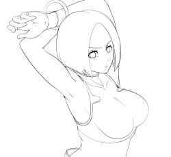 Rule 34 | 1girl, armpits, arms behind head, blue mary, breasts, fatal fury, fingerless gloves, garter belt, gloves, large breasts, looking at viewer, midriff, monochrome, open mouth, short hair, snk, solo, the king of fighters