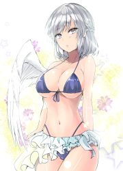Rule 34 | 1girl, bare arms, bare shoulders, bikini, bikini skirt, blue bikini, braid, breasts, collarbone, commentary request, cowboy shot, feathered wings, flower, french braid, front-tie bikini top, front-tie top, grey eyes, halterneck, highleg, highleg bikini, highres, kishin sagume, large breasts, looking at viewer, navel, purple flower, short hair, silver hair, single wing, solo, standing, stomach, swimsuit, thighs, touhou, white background, white wings, wings, y2