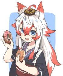 Rule 34 | &gt;:d, 1girl, :d, ahoge, animal ears, blue eyes, chocolate icing, commentary request, doughnut, eating, fang, food, food bite, food on face, food on head, fox ears, japanese clothes, kimono, long hair, multicolored hair, obi, object on head, open mouth, original, red hair, sash, smile, solo, two-tone hair, v-shaped eyebrows, white hair, zizi niisan