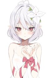 Rule 34 | 1girl, antenna hair, blush, bound, bound wrists, breasts, dress, eyelashes, flower, hair between eyes, hair flower, hair ornament, highres, kokkoro (princess connect!), leaf, parted lips, pink eyes, pink ribbon, pointy ears, princess connect!, ribbon, short hair, simple background, solo, upper body, white background, white dress, white flower, yupi (yuyupiko01)