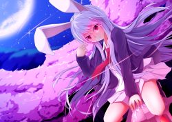 Rule 34 | 1girl, animal ears, cherry blossoms, collared shirt, dutch angle, glint, glowing, glowing eyes, highres, jacket, light purple hair, long hair, long sleeves, looking at viewer, miniskirt, moon, necktie, night, night sky, open clothes, open jacket, open mouth, outdoors, pussy juice, rabbit ears, red eyes, red necktie, reisen udongein inaba, shirt, skirt, sky, solo, star (sky), star (symbol), starry sky, topii, touhou, white shirt, wooden horse