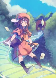 Rule 34 | 1girl, alternate costume, anarogumaaa, animal ears, bag, black footwear, blue bow, bow, bowtie, brown eyes, brown hair, closed mouth, cloud, commentary request, day, dress, floppy ears, full body, gloves, green bow, hat, inaba tewi, letter, looking at viewer, love letter, mailman, mountain, nature, outdoors, puffy short sleeves, puffy sleeves, rabbit ears, railroad tracks, red bow, red bowtie, red eyes, short hair, short sleeves, smile, solo, touhou, tunnel, white gloves