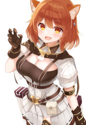 Rule 34 | 1girl, :d, animal ear fluff, belt, blush, breasts, brown belt, brown capelet, brown eyes, brown gloves, brown hair, brown shirt, capelet, cleavage, date (mamanonamaebot), fang, fur-trimmed sleeves, fur trim, gloves, hair between eyes, hand up, highres, keyhole, looking at viewer, medium breasts, nijisanji, open mouth, pleated skirt, puffy short sleeves, puffy sleeves, ratna petit, red panda ears, red panda tail, shirt, short sleeves, simple background, skirt, smile, solo, virtual youtuber, white background, white capelet, white skirt
