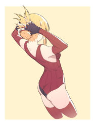Rule 34 | 1girl, arms up, ass, bare shoulders, beige background, black gloves, blonde hair, braid, copyright request, detached sleeves, facing away, fingerless gloves, folded ponytail, gloves, hands in hair, highres, leotard, long hair, long sleeves, nian (zhanian), red leotard, red sleeves, red thighhighs, ribbed legwear, ribbed leotard, sidelocks, simple background, solo, standing, thighhighs