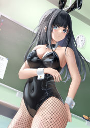 Rule 34 | 1girl, absurdres, aimi (tikichin0229), animal ears, bare shoulders, black bow, black bowtie, black hair, black leotard, blue eyes, bow, bowtie, breasts, chalkboard, classroom, cleavage, clock, covered navel, cowboy shot, detached collar, fake animal ears, fishnet pantyhose, fishnets, highres, indoors, leotard, long hair, looking at viewer, medium breasts, original, pantyhose, parted lips, playboy bunny, rabbit ears, solo, strapless, strapless leotard, traditional bowtie, wrist cuffs