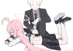 Rule 34 | 1boy, 1girl, ahoge, aji aji nori, back, black footwear, black necktie, black skirt, blue archive, blush, closed eyes, collared shirt, eighth note, fang, halo, highres, hoshino (blue archive), legs up, long sleeves, musical note, necktie, open mouth, pink hair, pink halo, pleated skirt, sensei (blue archive), shirt, shoes, simple background, skin fang, skirt, socks, twitter username, white background, white shirt, white socks