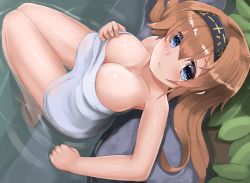 Rule 34 | 1girl, bathing, blue hair, breasts, cleavage, clothes writing, from above, hachimaki, hair down, headband, highres, kantai collection, large breasts, leaf, light brown hair, long hair, looking at viewer, naked towel, redundant-cat, smile, solo, teruzuki (kancolle), thighs, towel, white towel