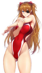 Rule 34 | 1girl, alternate breast size, bare legs, bare shoulders, blue eyes, brown hair, competition swimsuit, curvy, evangelion: 3.0 you can (not) redo, eyepatch, hair ornament, highleg, highleg swimsuit, long hair, looking at viewer, neon genesis evangelion, one-piece swimsuit, orange hair, rebuild of evangelion, red one-piece swimsuit, shiny skin, solo, souryuu asuka langley, standing, stretching, swimsuit, twintails, white background, zucchini