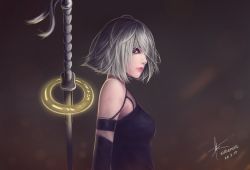 Rule 34 | 1girl, 2017, alternate hair length, alternate hairstyle, android, armlet, artist name, bare shoulders, black gloves, blue eyes, breasts, collarbone, dated, elbow gloves, eyelashes, from side, gloves, hair over one eye, highres, katana, lips, looking at viewer, medium breasts, nier (series), nier:automata, nose, parted lips, patrick hambali, pink lips, short hair, signature, silver hair, sleeveless, solo, sword, tank top, tassel, teeth, upper body, weapon, a2 (nier:automata)