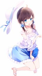 Rule 34 | 1girl, blue eyes, blue scrunchie, blue skirt, blush, bow, breasts, brown footwear, brown hair, chikuwa., clothing cutout, commentary request, full body, hair ornament, hair scrunchie, hat, highres, long hair, long sleeves, looking at viewer, low twintails, medium breasts, open mouth, original, sandals, scrunchie, shirt, shoulder cutout, simple background, skirt, solo, sun hat, twintails, unworn hat, unworn headwear, white background, white bow, white hat, white shirt, wide sleeves
