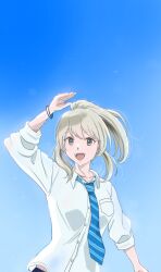 Rule 34 | 1girl, arm up, black bracelet, blue necktie, blue sky, collarbone, collared shirt, commentary request, diagonal-striped clothes, diagonal-striped necktie, dress shirt, girls band cry, grey eyes, grey hair, highres, kawaragi momoka, long hair, looking at viewer, midriff peek, necktie, open mouth, osage gankyou, ponytail, school uniform, shirt, sky, sleeves past elbows, sleeves rolled up, solo, striped clothes, teeth, upper body, upper teeth only, white shirt