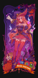 Rule 34 | 1girl, absurdres, animal, bare shoulders, bat (animal), black background, black cat, black dress, candle, cat, character name, commentary request, detached sleeves, dress, fire, fire, frilled skirt, frilled sleeves, frills, ghost, halloween, hat, highres, league of legends, long hair, miss fortune (league of legends), pink skirt, pumpkin, purple footwear, red thighhighs, ruan chen yue, shoes, skirt, strapless, strapless dress, thighhighs, tree, witch hat, zettai ryouiki