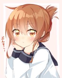 Rule 34 | 10s, 1girl, :t, blush, brown eyes, brown hair, folded ponytail, hands on own cheeks, hands on own face, head rest, inazuma (kancolle), kantai collection, pout, rateratte, solo, solo focus