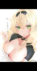 Rule 34 | 1girl, absurdres, alternate breast size, blonde hair, breasts, chest sarashi, cleavage, green eyes, highres, hololive, kazama iroha, large breasts, long hair, looking at viewer, parted lips, sarashi, simple background, solo, translation request, upper body, urotare, virtual youtuber, white background