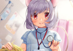Rule 34 | 1girl, animal ears, ari don, blonde hair, blush, closed mouth, commentary request, grey hair, indoors, intravenous drip, lanyard, looking at viewer, mouse ears, mouse girl, mouse tail, nazrin, nurse, red eyes, short hair, smile, solo, stethoscope, tail, touhou, upper body