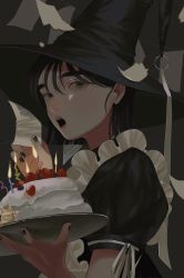Rule 34 | 1girl, apron, birthday cake, black background, black dress, black eyes, black hair, black hat, black nails, blueberry, cake, candle, commentary request, dark, dress, food, frilled apron, frills, fruit, hat, highres, holding, holding paper, holding plate, looking at viewer, maid apron, nail polish, open mouth, original, paper, plate, puffy short sleeves, puffy sleeves, short hair, short sleeves, simple background, solo, strawberry, tori no 3046, upper body, white apron, witch hat