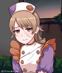 Rule 34 | 1girl, artist name, blurry, blurry background, brown eyes, brown hair, commentary, depth of field, disco brando, drill hair, halloween, halloween costume, hat, idolmaster, idolmaster cinderella girls, long hair, looking at viewer, morikubo nono, solo, stitches, twintails, upper body