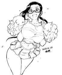 Rule 34 | 1girl, bare shoulders, black hair, blush, breasts, cheering, cheerleader, commentary request, crop top, dated, demi-chan wa kataritai, full-face blush, glasses, holding, holding pom poms, huge breasts, large breasts, long hair, looking at viewer, midriff, miniskirt, navel, open mouth, pom pom (cheerleading), pom poms, ponytail, satou sakie, semi-rimless eyewear, signature, skirt, solo, sweat, tsukudani (coke-buta), under-rim eyewear, white background