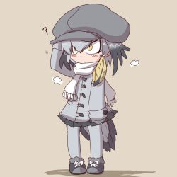 Rule 34 | 10s, 1girl, :/, ?, adapted costume, alternate costume, arm at side, bird tail, black hair, blonde hair, blush, brown background, buttons, cabbie hat, closed mouth, full body, gloves, grey hair, grey jacket, grey pantyhose, grey skirt, hair between eyes, hand on own head, hand up, hat, ikkyuu, jacket, kemono friends, long hair, long sleeves, looking up, low ponytail, multicolored hair, pantyhose, scarf, shoebill (kemono friends), simple background, skirt, solo, standing, tail, yellow eyes