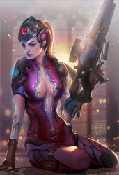Rule 34 | 1girl, arm at side, arm support, backlighting, bloom, bodysuit, breasts, brown gloves, brown hair, cleavage, closed mouth, collarbone, fan yang (jiuge), full body, gloves, gun, head-mounted display, holding, holding gun, holding weapon, holster, long hair, looking afar, looking to the side, overwatch, overwatch 1, pocket, ponytail, purple lips, red eyes, sitting, smile, solo, thigh holster, thigh strap, trigger discipline, weapon, widowmaker (overwatch), yokozuwari