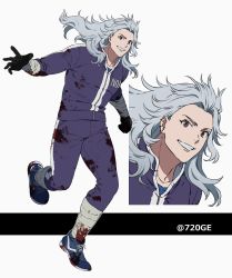 Rule 34 | 1672, 1boy, 1girl, dorohedoro, earrings, full body, gloves, gym uniform, jewelry, long hair, looking at viewer, muscular, muscular female, noi (dorohedoro), red eyes, simple background, smile, track suit, white hair