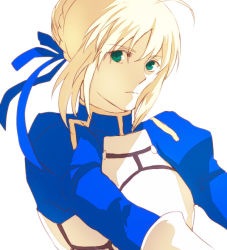 Rule 34 | 1girl, ahoge, armor, artoria pendragon (all), artoria pendragon (fate), bad id, bad pixiv id, blonde hair, dress, expressionless, fate/stay night, fate (series), green eyes, hair ribbon, puffy sleeves, ribbon, saber (fate), simple background, solo, sukumaraku, white background