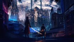 Rule 34 | 2others, absurdres, ambiguous gender, boots, building, city, cityscape, cloud, coat, energy sword, hat, highres, holding, holding sword, holding weapon, hologram, long sleeves, multiple others, original, road, road sign, rouzato, scenery, science fiction, sign, standing, sword, weapon