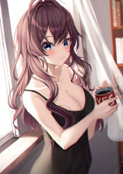Rule 34 | 1girl, :3, absurdres, backlighting, bare arms, black shirt, blue eyes, blush, book, bookshelf, breasts, brown hair, chromatic aberration, cleavage, closed mouth, collarbone, commentary, cup, curtains, earrings, eyelashes, highres, holding, holding cup, ichinose shiki, idolmaster, idolmaster cinderella girls, indoors, jewelry, large breasts, long hair, looking at viewer, mixed-language commentary, nao (okt8538), shirt, solo, spaghetti strap, stud earrings, tank top, upper body, window