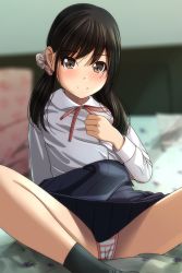 Rule 34 | 1girl, absurdres, bed, black hair, black skirt, black socks, blurry, blurry background, blush, brown eyes, brown ribbon, closed mouth, collared shirt, depth of field, feet out of frame, hair ornament, hair scrunchie, hand up, highres, long hair, long sleeves, looking at viewer, low twintails, matsunaga kouyou, neck ribbon, nose blush, on bed, original, panties, pillow, pleated skirt, polka dot, polka dot scrunchie, ribbon, scrunchie, shirt, skirt, smile, socks, solo, spread legs, striped clothes, striped panties, twintails, underwear, white scrunchie, white shirt