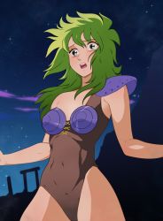 Rule 34 | 1980s (style), 1girl, absurdres, armor, artist request, belt, breasts, derivative work, greek temple, highres, leotard, looking to the side, nail, night, night sky, official style, oldschool, open mouth, ophiuchus shaina, retro artstyle, saint seiya, screenshot redraw, sky, surprised, torn clothes, wide hips