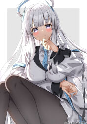 Rule 34 | 1girl, absurdres, black pantyhose, blue archive, blue necktie, blush, border, breasts, feet out of frame, formal, grey eyes, grey hair, halo, hand on own chin, highres, jacket, knees together feet apart, knees up, legs, long hair, looking at viewer, mechanical halo, medium breasts, necktie, noa (blue archive), pantyhose, sidelocks, skirt, solo, suit, two-sided fabric, two-sided jacket, white border, white hair, white jacket, white skirt, white suit, yamano rokamizu