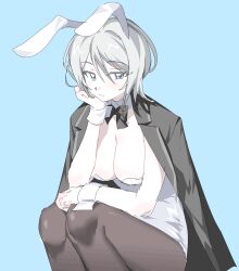 Rule 34 | 1girl, animal ears, black bow, black bowtie, black coat, blue background, blue eyes, bow, bowtie, breasts, closed mouth, coat, coat on shoulders, detached collar, fake animal ears, faust (project moon), highres, large breasts, leotard, limbus company, looking at viewer, medium hair, nishiirei9522, playboy bunny, project moon, rabbit ears, simple background, squatting, white hair, white leotard, wrist cuffs