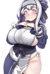 Rule 34 | 1girl, ainu clothes, bandana, blue hair, blue headband, breasts, commentary request, cowboy shot, cropped jacket, curvy, folded ponytail, fundoshi, grey eyes, headband, highres, huge breasts, japanese clothes, kamoi (kancolle), kantai collection, konoshige (ryuun), long hair, looking at viewer, pelvic curtain, plump, sideboob, sidelocks, simple background, smile, solo, thick eyebrows, thick thighs, thighs, white background, white hair, wide hips, wrist guards