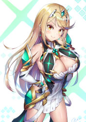 Rule 34 | 1girl, blonde hair, breasts, chest jewel, cleavage, cleavage cutout, closed mouth, clothing cutout, commentary request, dress, drop earrings, earrings, elbow gloves, gloves, hand on own hip, highres, jewelry, large breasts, long hair, looking at viewer, mythra (xenoblade), novady, short dress, signature, simple background, smile, solo, straight hair, swept bangs, thigh strap, tiara, white dress, white gloves, xenoblade chronicles (series), xenoblade chronicles 2, yellow eyes