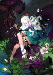 Rule 34 | 1girl, bow, breasts, brown eyes, bubble, bug, butterfly, cleavage, dean holdeen, dragon, floral print, flower, geta, hair ribbon, insect, japanese clothes, katana, kimono, large breasts, leaf, lily pad, long hair, looking at viewer, lotus, original, ornament, petals, plant, red bow, red ribbon, ribbon, ripples, sash, scabbard, scales, sharp teeth, sheath, sheathed, sitting, socks, solo, split-toe footwear, sword, tabi, tassel, teeth, water, weapon, white hair, white socks
