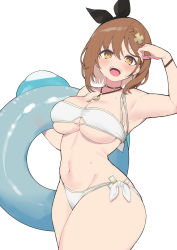 Rule 34 | 1girl, :d, absurdres, atelier (series), atelier ryza, atelier ryza 2, bikini, blush, braid, breasts, brown hair, hair between eyes, hair ornament, highres, holding, holding swim ring, innertube, jewelry, key, key necklace, large breasts, looking at viewer, navel, necklace, open mouth, reisalin stout, short hair, simple background, smile, solo, swim ring, swimsuit, teeth, thick thighs, thighs, upper teeth only, wet, white background, white bikini, yabai gorilla, yellow eyes