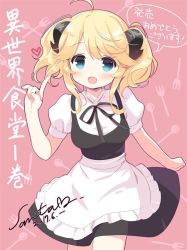 Rule 34 | 1girl, :d, ahoge, aletta, apron, black dress, black ribbon, blue eyes, blush, clenched hand, cowboy shot, dated, demon horns, dress, fork, frilled apron, frills, hand up, heart, horns, index finger raised, isekai shokudou, looking at viewer, neck ribbon, open mouth, pink background, puffy short sleeves, puffy sleeves, ribbon, santa matsuri, short hair, short sleeves, sidelocks, signature, sleeveless, sleeveless dress, smile, solo, speech bubble, spoon, tareme, twintails, uniform, waist apron, waitress, wavy hair, white apron