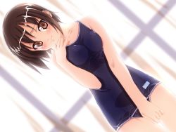 Rule 34 | 1girl, :|, backlighting, blue one-piece swimsuit, blurry, blush, breasts, brown eyes, brown hair, closed mouth, covering privates, covering crotch, cowboy shot, curtains, depth of field, embarrassed, game cg, hand to own mouth, head tilt, impossible clothes, impossible swimsuit, indoors, kuuchuu yousai, looking at viewer, makai tenshi djibril, manabe rika, medium breasts, one-piece swimsuit, school swimsuit, short hair, smile, solo, standing, swimsuit, thigh gap
