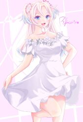 Rule 34 | 1girl, :d, absurdres, barefoot, blonde hair, blue eyes, blue hair, blush, border, breasts, collarbone, commentary request, dress, dress flower, fang, flower, foot out of frame, gradient hair, hair flower, hair ornament, hand on own hip, heart, heart of string, highres, hono rf, leg up, light blue hair, link! like! love live!, long hair, looking at viewer, love live!, medium breasts, medium dress, multicolored hair, official alternate costume, open mouth, osawa rurino, outside border, parted bangs, pink border, pink flower, prism echo (love live!), short sleeves, skirt hold, smile, solo, twintails, virtual youtuber, white background, white flower