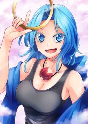 Rule 34 | 1girl, :d, ashiroku (miracle hinacle), blue eyes, blue hair, breasts, cleavage, highres, holding, jewelry, kumoi ichirin, large breasts, looking at viewer, medium hair, open mouth, pendant, pink background, ring, smile, solo, touhou