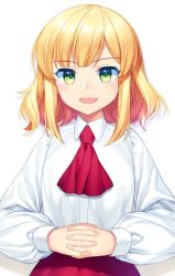 Rule 34 | 1girl, :d, ascot, blonde hair, blouse, collared shirt, green eyes, interlocked fingers, jenevan, long sleeves, looking at viewer, open mouth, original, puffy long sleeves, puffy sleeves, red ascot, red skirt, shirt, short hair, skirt, smile, solo, white background, wing collar