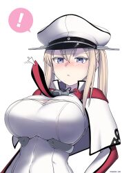 Rule 34 | !, 1girl, blonde hair, blush, breasts, capelet, celtic knot, cross, cursor, cypress, graf zeppelin (kancolle), hair between eyes, hat, impossible clothes, iron cross, kantai collection, large breasts, military, military uniform, nose blush, peaked cap, purple eyes, sidelocks, solo, speech bubble, spoken exclamation mark, twintails, uniform, upper body, white hat