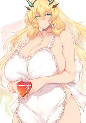 Rule 34 | 1girl, apron, bare shoulders, blonde hair, blush, box, breasts, cleavage, collarbone, barghest (fate), fate/grand order, fate (series), frilled apron, frills, gift, gift box, green eyes, heart-shaped box, highres, horns, huge breasts, long hair, looking at viewer, naked apron, sideboob, solo, thick thighs, thighs, tsukasawa takamatsu, white apron